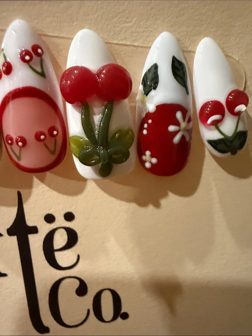 Cherry & Floral handmade acrylic Press-On Nails - White and Red Set